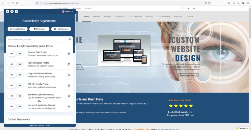 screenshot of homepage for businesswebsitecenter.com with accessible adjustment panel opened for valued disabled visitors to use